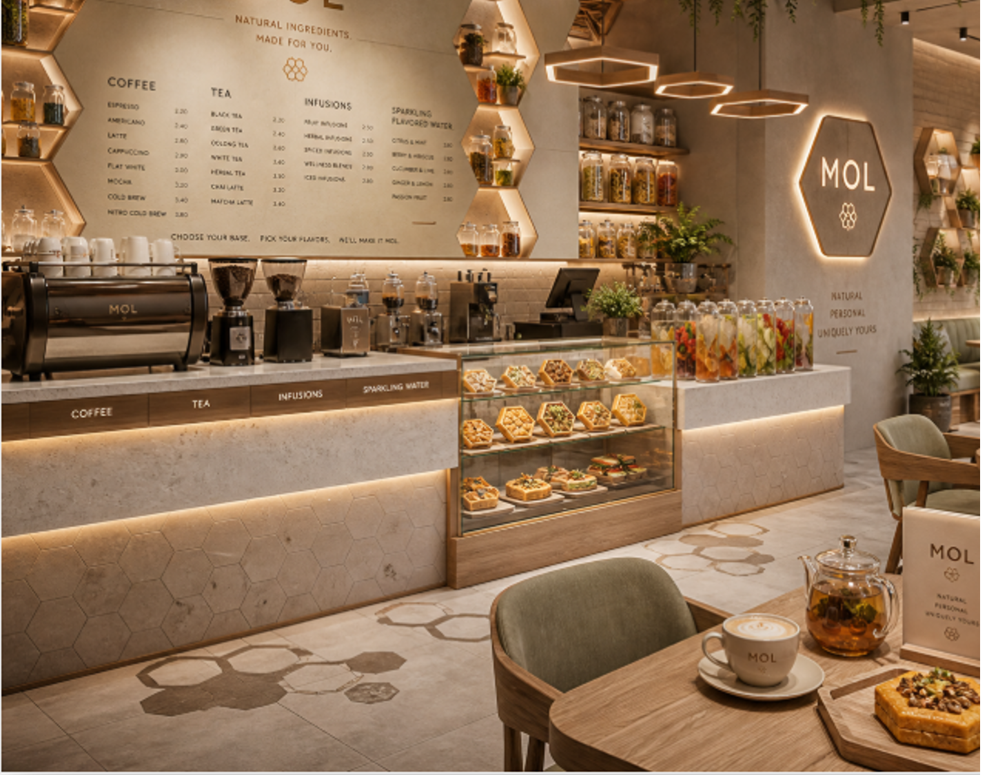 Render del punto de venta MOL con barra de café y biblioteca de sabores